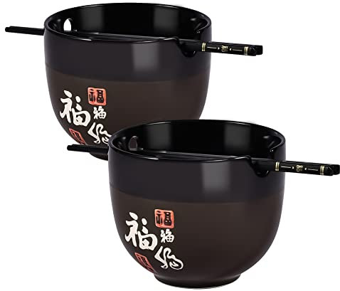Keramik Fu Ramen Schüssel 2er Set, 473 ml Porzellan Nudel Suppenschüssel mit Essstäbchen, Mehrzweck Vielseitige Schalen für Ramen, Pho, Udon, Spülmaschinen- und mikrowellengeeignet, Schwarz-Glück