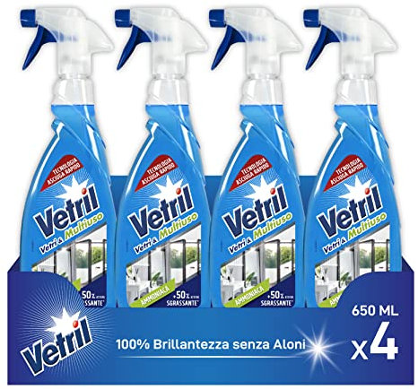 Vetril - Nettoyant spray pour vitres et surfaces avec ammoniac, action dégraissante et brillance sans halos, 650 ml x 4