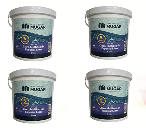 Mugar- Cloro Especial Liner 5 Acciones 5kg- Paquetes de 2 o 4 Unidades- Cloro para Piscina de Liner en Paquetes de 10 o 20kg- Pastillas de 200g (4)