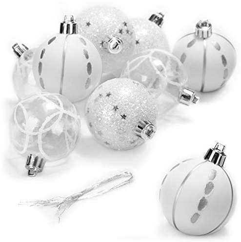 com-four® 9X Weihnachtskugeln, Christbaumkugeln aus bruchsicherem Kunststoff für Weihnachten, Baumschmuck für den Christbaum, Ø 6 cm (weiß/transparent)