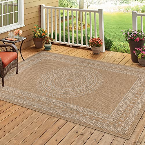HomebyHome Outdoor Teppich Wetterfest 120 x 170 cm Beige Sisal und Jute Optik - Balkon Teppich Wasserfest Vintage Design Pflegeleicht - Waschbarer Teppich Küche, Garten, Terrasse und Camping