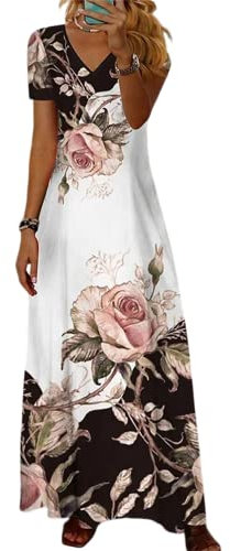 shownicer Robe D'Été De Plage pour Femme Maxi Robe en Mousseline De Soie À Motif Floral Col V Robe Longue Grande Taille Dentelle Imprimé Vintage Élégant Boho Robe de Plage D Rose XL