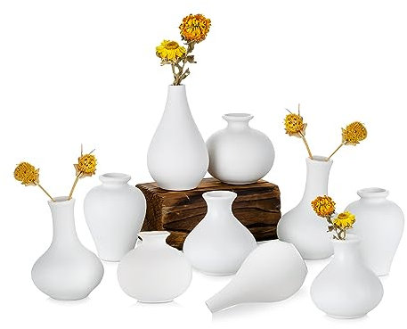 Sziqiqi Kleine Weiße Keramik vasen - Satz von 10 Mini Handgemachte Keramikvasen für Blumen Pampasgras Moderne Blumenvase Dekoration für Wohnzimmer Küche Büro Küche Tisch