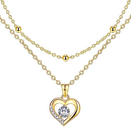 Lydreewam Heart Necklace for Women 925 Sterling Silver Double Layered Chain Necklace with Zirconia Birthday, Adjustable 40+5cm (Gold)