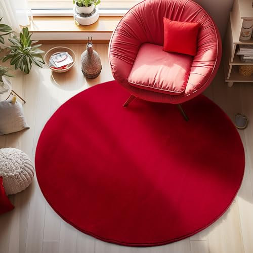 Carpetsale24 Teppich Wohnzimmer Einfarbig Moderne Design Rot 160 cm Rund - rutschfest Kurzflor Teppich für Schlafzimmer Extra Weich und Flauschig - Waschbarer Teppich Esszimmer Küche