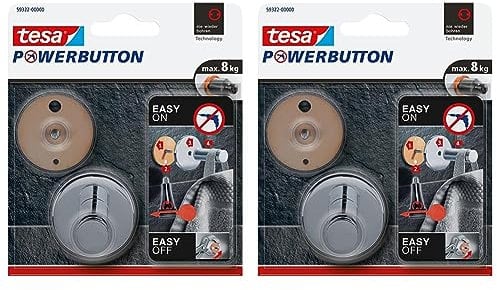 tesa Powerbutton Haken Universal LARGE aus verchromtem Metall - selbstklebender Badhaken, runde Form - Handtuchhaken für das Bad - belastbar bis 8 kg (Packung mit 2)