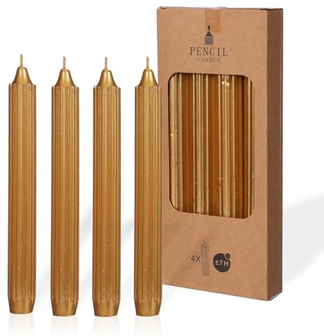 COMFORDER Stabkerzen Set, 4x Tafelkerzen einfarbig + gerippt, 20cm, 7 Stunden Brenndauer (Gold)