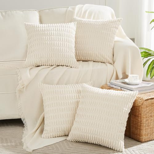 FDTERN 4er Set Boho Kissenbezug 45x45 Creme Flauschig Kissenbezüge Weich Kordsamt Beige Kissenhülle Dekokissenbezug Sofakissen Dekokissen Deko für Sofa Schlafzimmer Wohnzimmer