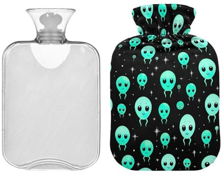 Alien Faces on Green Classic Hot Water Bottle with Cover, 1 Liters Durable Hot Water Bag for Tummy Cramps Neck and Shoulder Waist Pain Relief, Hot and Cold Therapies