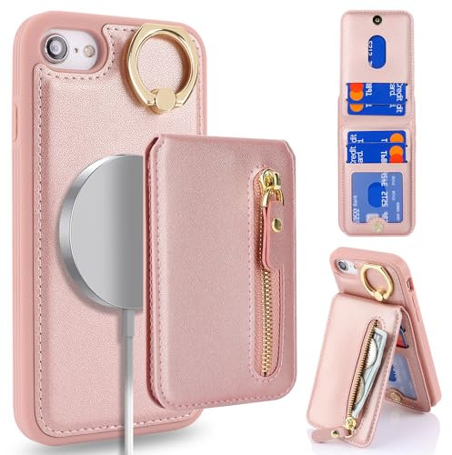 Cover Magnetica per iPhone 7/8/SE2020/SE2022, Custodia MagSafe in pelle iPhone 7/8/SE2020/SE2022, [2 in 1] Cover con anello con Portafoglio per iPhone 7/8/SE2/SE3 - oro rosa