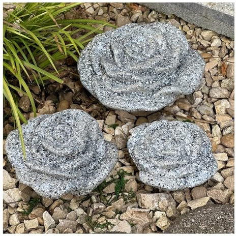 Radami Steinrose Stein Rose Rosenblüte Blüte Blumen Steinguss frostfest wetterfest Garten Deko, Handarbeit Farbe Patina Granit 3 er Set