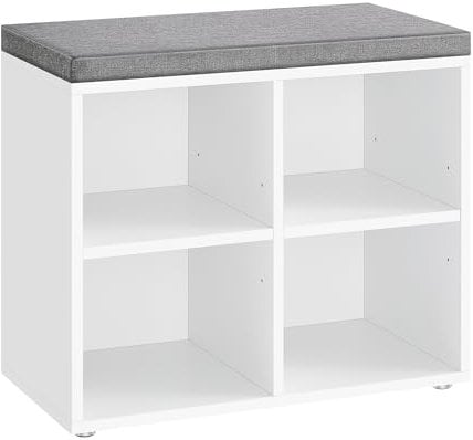 VASAGLE Shoe Bench with Cushion, Shoe Storage Bench with 4 Compartments and 2 Adjustable Shelves, Hallway Bench with Padded Seat, for Bedroom, Closet, Living Room, Cloud White LHS234W02