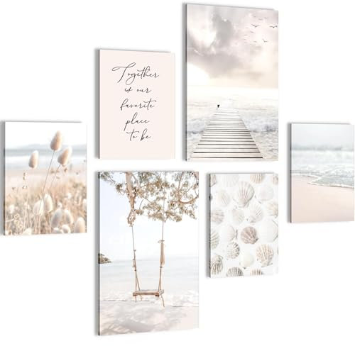 Novart Wandbilder Set Strand Meer Relax Beige - KEIN EXTRA RAHMEN BENÖTIGT - Modern Deko - Wohnzimmer Schlafzimmer N023467a