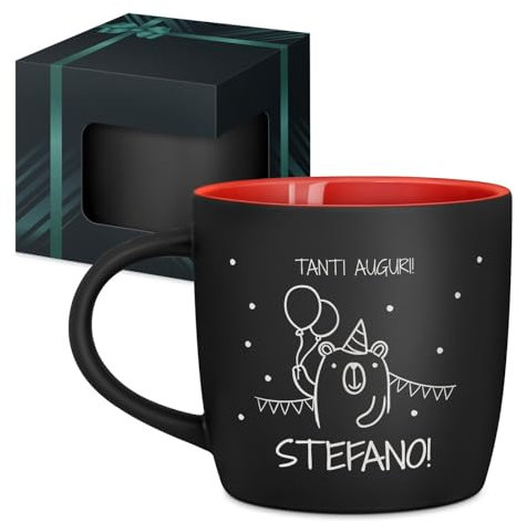 Maverton Tazza da caffè macchiato o tè in ceramica - 400 ml - Incisione personalizzata - Tazze con manico per bevande per Lui - Bicchiere da colazione per compleanno uomo - Interno rosso - auguri