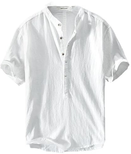 Men's New Linen Casual Short Sleeve Shirt,Summer Beach Textured Shirts,Lightweight Eound Neck Button Down T Shirts (White,M)