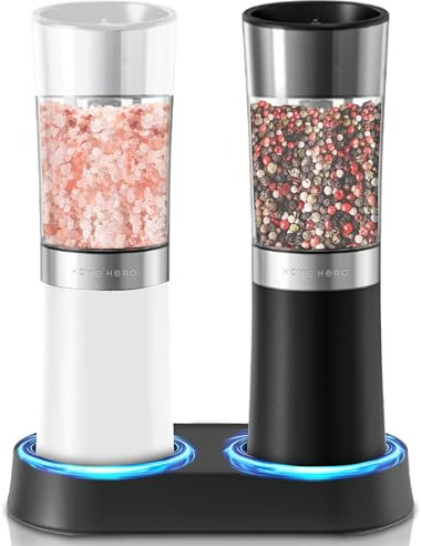 Home Hero Electric Salt and Pepper Grinder Set - Automatic Salt and Pepper Grinder Set Rechargeable. Electronic Salt and Pepper Shakers with LED Light, Gravity Electric Pepper & Salt Grinder, Set of 2