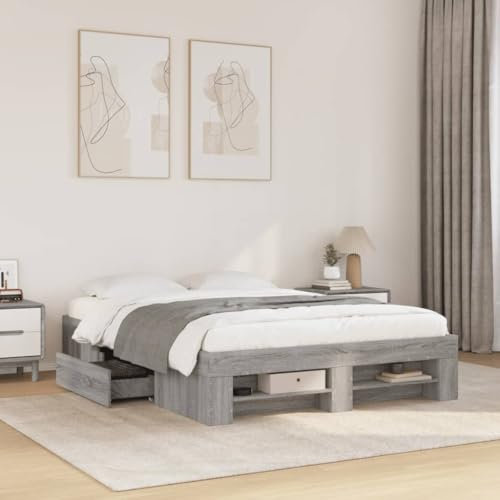 vidaXL Bed Frame Grey Sonoma 120x190 cm Small Double - Engineered Wood, Storage Drawers, Modern Bedroom Furniture