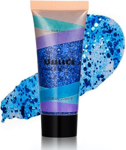 Glitzer Gesicht, Glitzer Schminke Gesicht, Chunky Glitzers Make Up, Meerjungfrau Festival Gesichts Glitzer Gel, Body Glitter Gel für Festival, Party, Face, Haare, Lippen (Blau)