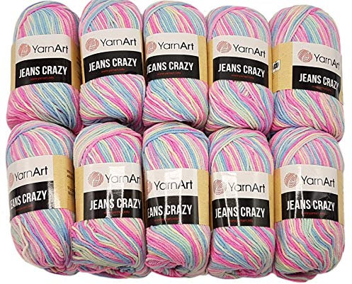 500g Strickwolle Ilkadim Export Jeans Crazy mehrfarbig mit 55% Baumwolle, 10 x 50 Gramm Baumwoll-Strickgarn mit Farbverlauf (blau mint rosa ua 7205)