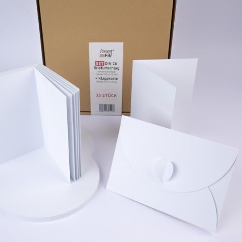 PresentFill® - blanko Falt-Karten inkl. Briefumschläge mit Herz Verschluß - 50er Set - Diamant Weiß - Klappkarten zum selbst gestalten, beschriften oder bedrucken - DIN A6 / C6