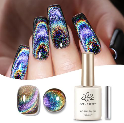 Born Pretty 9D Cat Magnetic Eye Gel Schwarz Holo Glitzer - UV Nagellack Regenbogen Laser Holographisch Gel Nagellack Maniküre und Nagelkunst DIY zu Hause