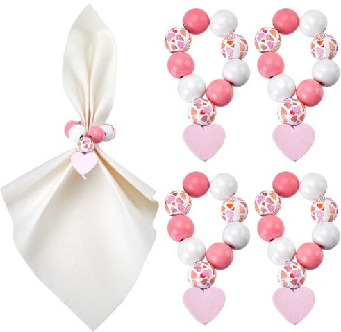 SUNNYCLUE 6 Set Serviettenhalter Ring Serviettenringe Set Serviettenring Mit Perlen Romantisches Liebesherz Rosa Holzperlen Serviettenhalter Schnalle Für Weihnachten Valentinstag Hochzeit Abendessen T