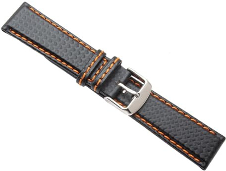 LUGEMA 18mm 20mm 21mm 22mm 23mm Durable Orange Nähte Kohlefaser Herren Schwarzes Echtes Leder mit Silberverschluss Uhrenarmband(Black with orange,22mm)