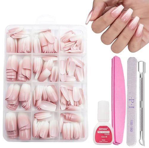 French False Nails Kit with Glue, 240Pcs Natural Gradient Pink Fake Nails, Acrylic Coffin Press on Nail Pink Tips, 12 Sizes Glossy Full Cover Stick on Nails for Women Girls Nail Art