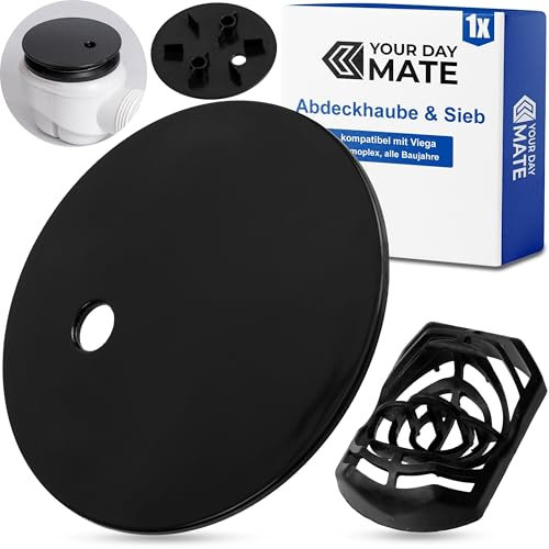 Abdeckhaube Set mit Haarsieb für Duschabfluss, Ø 90 mm, kompatibel mit Viega Domoplex Ablauf, schwarzer ABS ASA Deckel, Haarfilter Einsatz Dusche, Kappe Dusche Abfluss, Garnitur Abdeckung Duschwanne