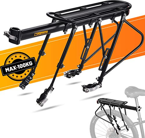 CHIMONA Gepäckträger Mountainbike, Fahrrad gepäckträger Schnellspanner mit Reflektor, Einstellbare MTB Gepäckträger Hinten, Doppelte Stützstange Fahrrad Gepäckträger Hinten, Maximalbelastung 100kg