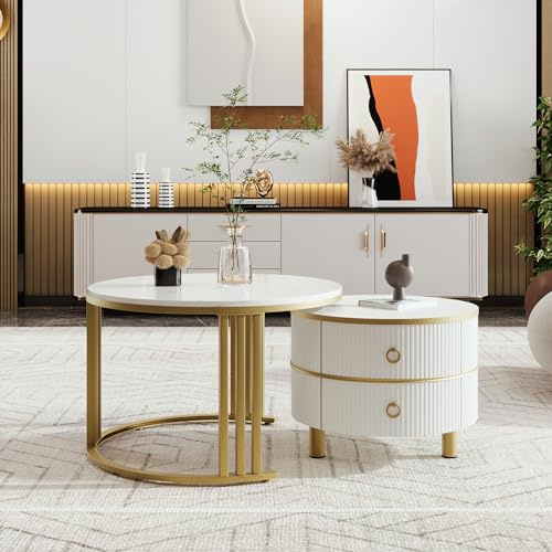 Montary 2-in-1 Runder MDF-Couchtisch, Beistelltisch mit 1 Hochglanz-Tischplatte und 1 Brauner Tischplatte aus Gehärtetem Glas (White and Gold 4)