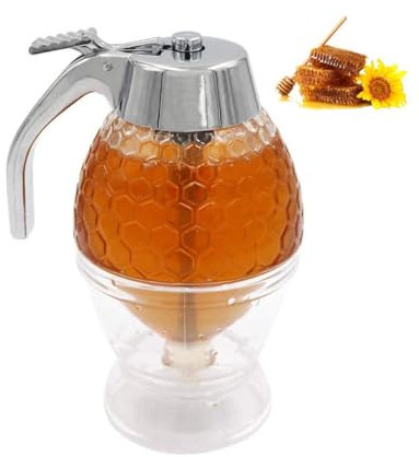 BYWXW Syrup Dispenser,Squeeze Honey Dispenser,Plastic No Drip Maple Syrup Dispenser,Juice Jar Container Bee Drip Dispenser,Honey Pot with Stand(Size:200ml)