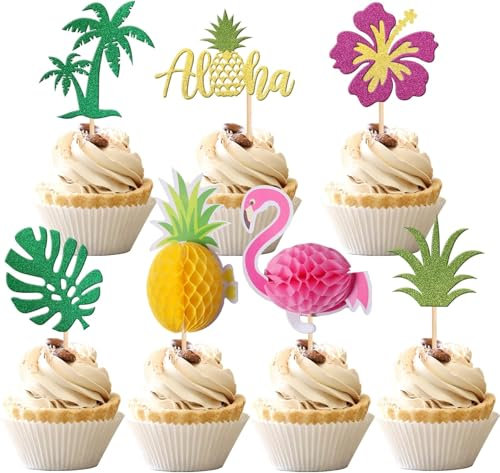 Flamingo Tortendeko, 28pcs Hawaii Kuchendekoration Set, Tropical Cake Topper, Hawaii Cake Topper, Flamingo Cupcake Topper, Sommer Cupcake Deko Tortendeko, 3D Flamingo Torten Topper