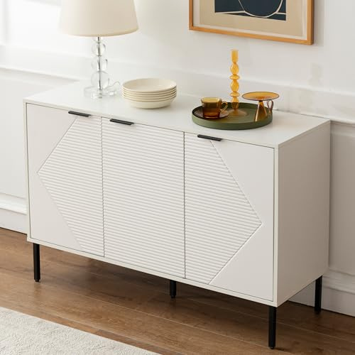 VDNEND Sideboard Küchenschrank Weiß mit 3 Türer, 39 cm Tief 116,8 cm Breit, Moderner Kaffeebar mit Verstellbare Ablage, Anrichteschrank Aufbewahrungsschrank Holz für Wohnzimmer Küche Esszimmer