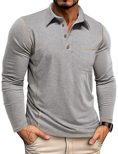 Volemo Mens Long Sleeve Polo Shirts Casual Cotton Polo T-Shirts with Pocket Golf Tops Grey 2XL