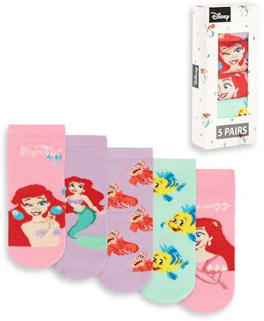Disney The Little Mermaid Girls Calf Socks Set of 5 | Multicoloured Ariel, Flounder, Sebastian Designs | Everyday Wear | Playful Patterns in Pink, Purple, Green Merch