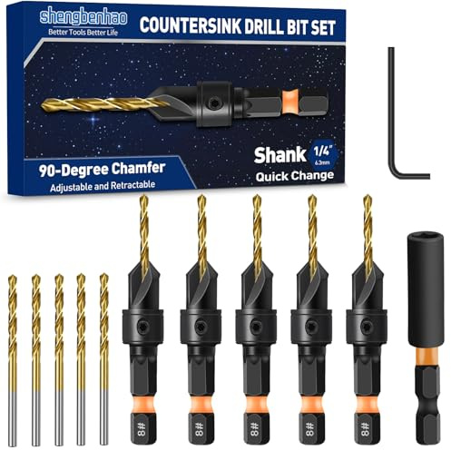 Countersink Drill Bit Set for #8, 12 PCS Counter Sink Drill Bits, Quick Release Countersink Set, 1/4 Inch Hex Shank, Magnetic Extension Adjustable bit Holder for Woodworking