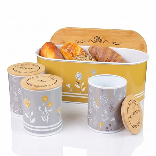 SiXsigma Sports Bread Bin & Tea Coffee Sugar Canisters Set - Kitchen Storage Bread Bin Containers With Airtight Lids For Kitchen Essentials - Ideal Kitchen Gifts For Women (MT-FY-BCS)