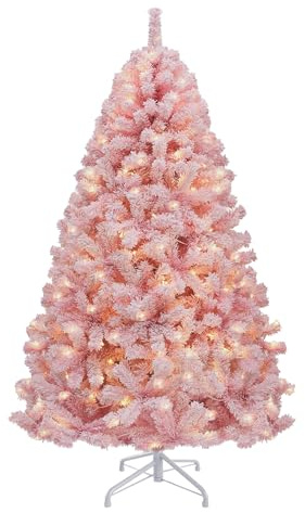 YITAHOME182cm Prelit Pink Flocked Spruce Artificial Christmas Tree, Pre-Lit Pink Christmas Tree with 928 PVC Tips and 250 Warm-White Lights for Home, Office Decoration
