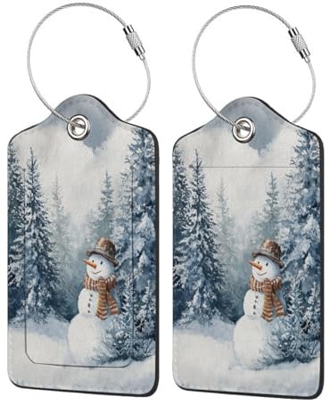 Niedlicher Schneemann- und Nadelbaum-Gepäckanhänger aus Leder mit Sichtschutzklappe, Namensschild und Metallschlaufe