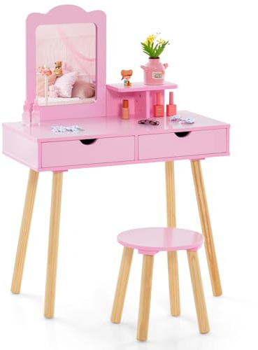 COSTWAY Kinder Schminktisch Set, 2 in 1 Frisiertisch Schreibtisch & Hocker mit abnehmbarem Spiegel, 2 Schubladen, Kamm, Schminkkommode Holz für Mädchen ab 3 Jahren (Hot Pink)