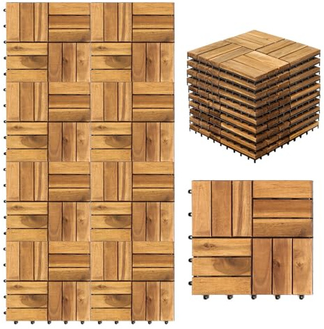 Jaxguom Holzfliesen 30x30cm, Akazienholz Terrassenfliesen 33Stück 3㎡,Balkon Bodenbelag (12 Latten),Terassenboden Außen,Klickfliesen Terrasse Mosaik für Garten Patio