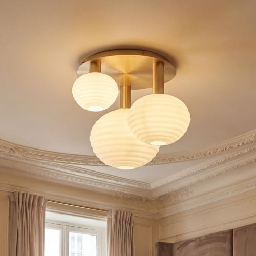 Licht-Erlebnisse Deckenleuchte Gold Weiß Metall Glas geriffelt blendarm Büro Esszimmer 3-flammig Kugeln E27 B:53,5 cm rund elegant stilvoll Deckenlampe Schlafzimmer