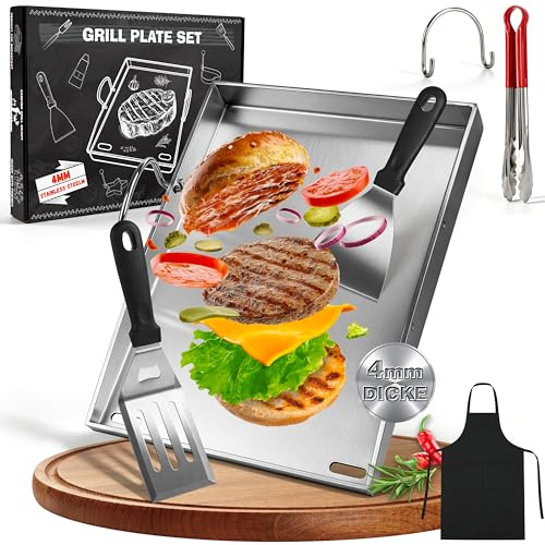 JONRRYIN Plancha de Acero Inoxidable 40 x 30 cm, Plancha Barbacoa con 2 Espátula, Mango Desmontable, Adecuado para Barbacoa de Gas y Barbacoa de Carbón (Cuatro aristas)