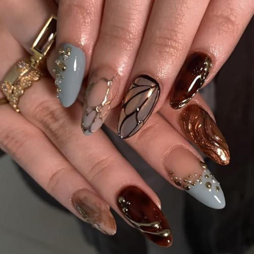 Glamoreal 3D Butterfly Wings Press On Nails Blue Brown Mixed Medium Almond – Gold Line Pearl Designs, Acrylic Reusable Fake Nails With Adhesive Tabs, Salon Quality Nail Press Ons For Women Manicure