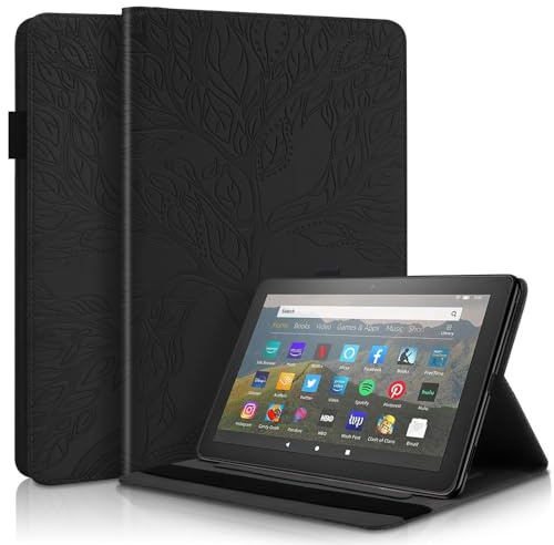 Maikavtouk Case for Amazon Kindle Fire HD 8 & 8 Plus (12th/10th 2024/2022/2020),PU Leather Multi-Angle Stand Wallet Cover & Card Slot & Pencil Holder,Protective Embossed Tree Flip Case (Black)