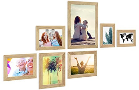 PHOTOLINI Bilderrahmen Set Holz, Fotorahmen Holz Echtholz, 7er Bilderrahmenset Wand Collage, photo frames for wall mit Acrylglas aufhängen, Eiche Bilderrahmen Set verschiedene Größen mit Zubehör
