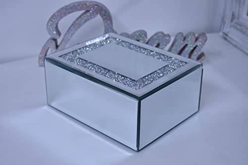 GLASS SILVER MIRRORED DIAMANTE CRUSHED JEWELS JEWELRY BOX MIRRORED STORAGE BOX