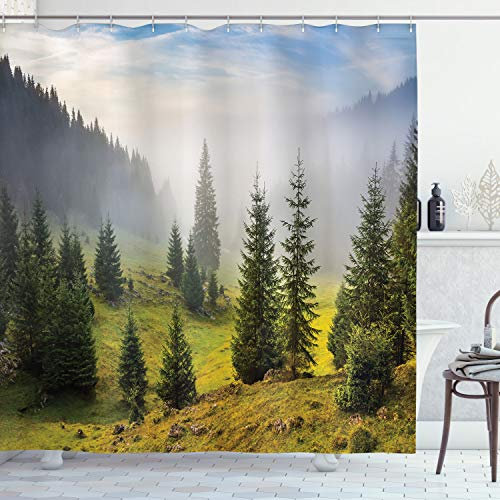 ABAKUHAUS Weiß Duschvorhang, Grüne Bäume auf der Wiese, Stoffliches Gewebe Badezimmerdekorationsset mit Haken, 175 x 240 cm, Weiß Grün