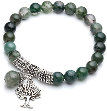 JSDDE Moss Agate Crystal Bracelet Reiki Healing Crystal Gemstone Beads Bracelet with Life Tree Charm Bracelets for Women